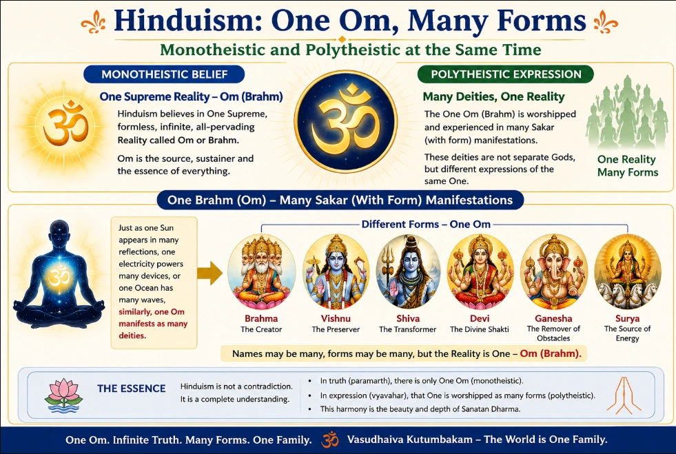 One Om, Many Forms infographic explaining one Supreme Reality, Om or Brahman, expressed through many divine forms in Hinduism.