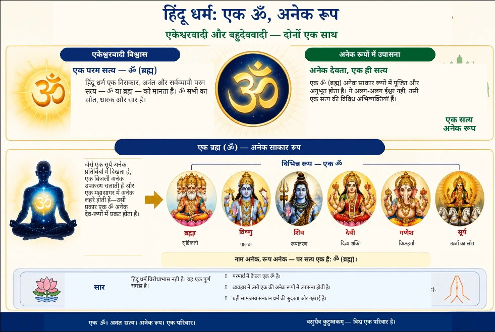 एक ॐ, अनेक रूप — हिंदू धर्म में एक परम सत्य, ॐ या ब्रह्म, की अनेक दिव्य रूपों में अभिव्यक्ति समझाने वाला चित्र।